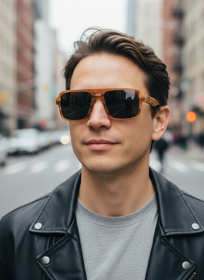Navigator Two Tone Acetate Two Tone Amber Sunglasses + Grey Lens